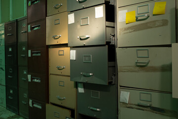 A view of a room full of abandoned filing cabinets.