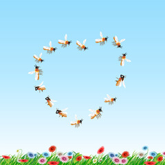 Many flying bees forming a heart shape. Vector illustration.