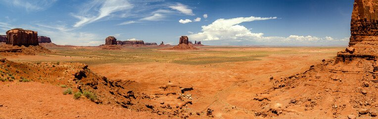 Widescreen high-res panorama of red desert with typical mesas in Monument Valley in the USA