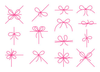 Set of red bows with a ribbon on white background. Decorative holiday decorations for packaging, cards, gifts.