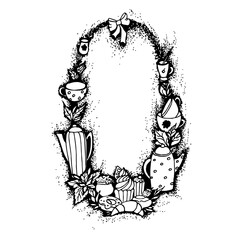 Illustration with words tea party and cups. Freehand drawing. Frame for invitation, cafe and restaurant menu, tags.