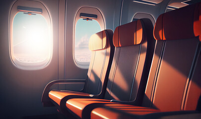 Empty red airplane seats with sunlight from windows - 577927203