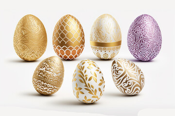Set of decorative pastel color easter eggs on white background. Generative AI.