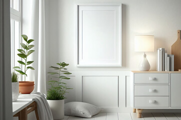 Blank white frame mock up for interior scandinavian room minimal style, living room decoration, generative ai