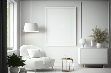 Blank white frame mock up for interior scandinavian room minimal style, living room decoration, generative ai