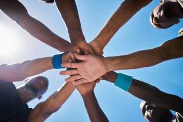Hands, teamwork and unity for motivation below in sports collaboration, strategy or game...