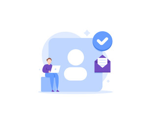 Fototapeta na wymiar account verification or account authorized. registration process for user to get status as verified user. a man doing verification process to new account. illustration concept design. vector elements