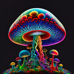 Magical mashroom in fantasy enchanted fairy tale forest with lots of brighness and lighting. Trippy mashroom cats psychodelic. Generative Ai