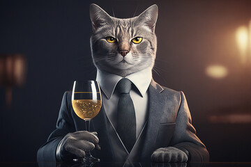 Portrait cat in business suit with glass of champagne, smoking-jacket, greeting card, invitation, generative ai - obrazy, fototapety, plakaty