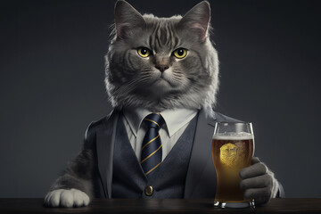 Portrait cat in business suit with glass of beer, smoking-jacket, greeting invitation card, generative ai - obrazy, fototapety, plakaty