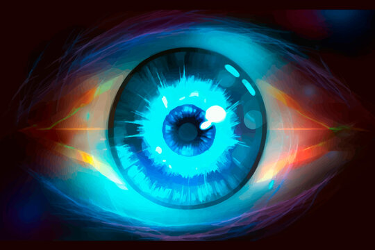 Blue eye on a black background. Horror. Fear. Danger. Threat. Madness. Vector illustration