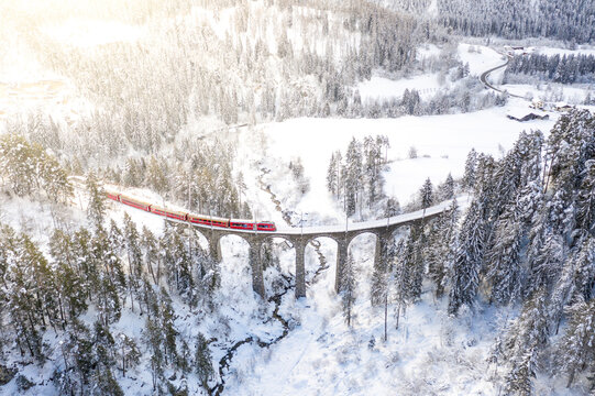 Bernina Express train on Landwasser Viaduct, Filisur, Switzerland
