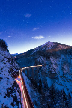 Stars over Bernina Express train, Filisur, Switzerland