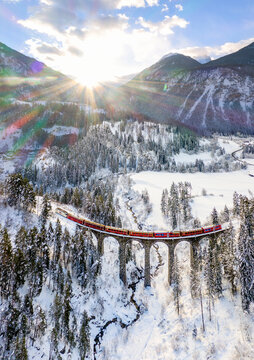 Panoramic of Bernina Express train, Filisur, Switzerland