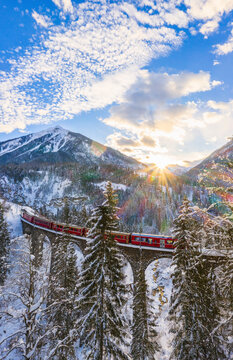 Panoramic of Bernina Express train, Filisur, Switzerland