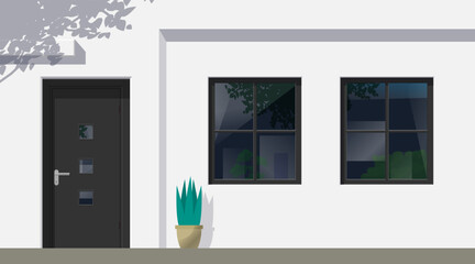 modern house white facade with entrance door window potted plant front view vector illustration
