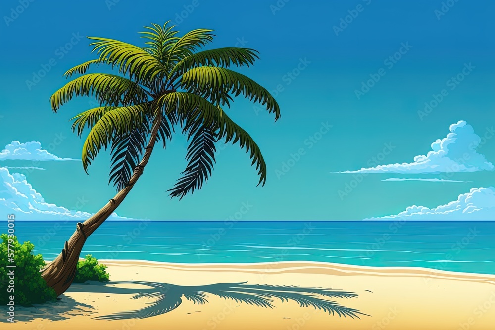 Poster azure sky and a palm tree at the beach in the summer generative ai