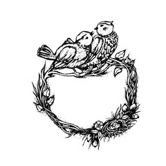 Hand-drawn nest with birds on the branches of a tree. Frame for print, tattoo, tag, emblem.
