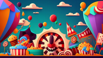 Colorful cartoon style carnival amusement park and funfair background, Generative AI