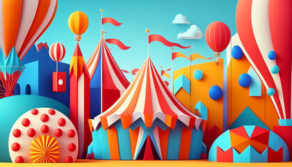 Colorful cartoon style carnival amusement park and funfair background, Generative AI