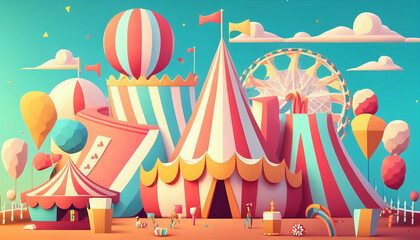 Colorful cartoon style carnival amusement park and funfair background, Generative AI