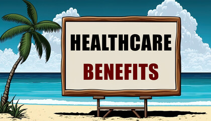 Healthcare benefits text on billboard on the beach with sea, coconut tree and sky as background. Cartoon style illustration. Inform anyone about healtcare benefits. Digital illustration generative AI.