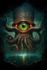 A giant octopus. Cthulhu. Lovecraft monster. Dark fantasy. Generative AI