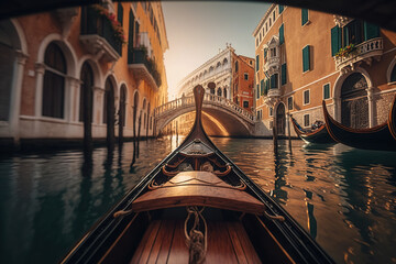 Traditional gondola on a romantic ride near the Rialto Bridge in Venice. Generative AI. - obrazy, fototapety, plakaty