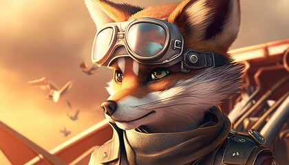 adventurous fox pilot digital art illustration, Generative AI - obrazy, fototapety, plakaty