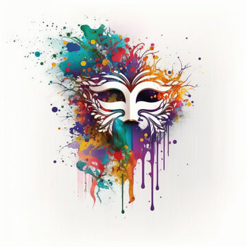Beautiful Venetian mask carnival colorful splash art masquerade mardi gras banner copy space on white illustration created with Generative AI technology