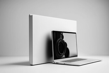 A 3D illustration of a laptop isolated on a white background, with an angled screen and empty space. Generative Ai - obrazy, fototapety, plakaty