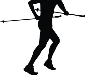 side view silhouette male athlete body part with trekking poles in his hands, running uphill, black silhouette vector illustration