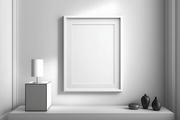 Naklejka na ściany i meble This stunning illustration features a white room with a blank frame on the wall, set against a minimalist background, providing the perfect interior design inspiration