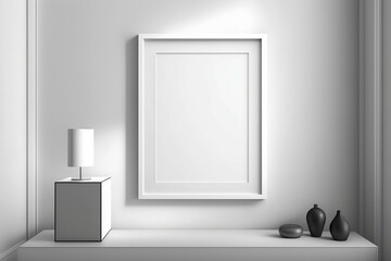 This stunning illustration features a white room with a blank frame on the wall, set against a minimalist background, providing the perfect interior design inspiration