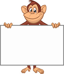 Cartoon monkey chimpanzee holding blank empty white paper or placard for menu or greetings. Vector illustration of happy monkey character