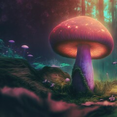 Fototapeta na wymiar Magical mashroom in fantasy enchanted fairy tale forest with lots of brighness and lighting. Trippy mashroom psychodelic. Generative Ai