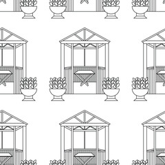 Pattern with arbors and flowerpots with potted plants, flower beds. Vector linear illustration.