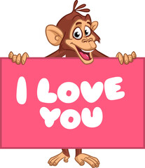 Cartoon monkey chimpanzee holding  placard with i love you title for St Valentine's  greetings. Vector illustration of happy monkey character