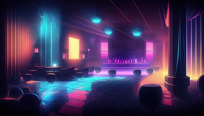 Night club background indoor interior, neon lights glow purple backdrop generative ai