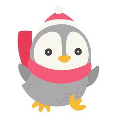 Penguin wearing scarf and hat, Winter animal doodle vector