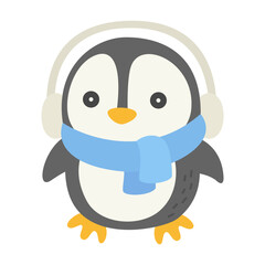 Penguin wearing scarf and earmuffs, Winter animal doodle vector