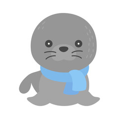 Seal wearing scarf, Winter animal doodle vector