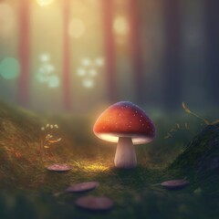 Fototapeta premium Magical mashroom in fantasy enchanted fairy tale forest with lots of brighness and lighting. Trippy mashroom psychodelic. Generative Ai