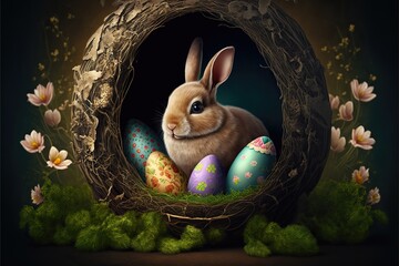 Easter bunny in the nest with Easter eggs. Generative AI festive illustration