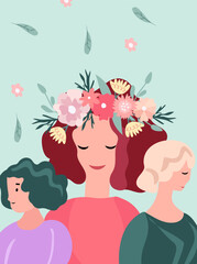 Bright illustration with women, flowers, leaves and a wreath on the head. Spring and summer flowering. The concept of happiness, joy, holiday. Ideal for greeting cards, cards, banners, posters.Vector.