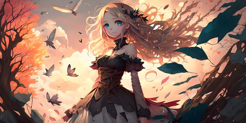 Naklejka na ściany i meble girl in the mountains, the girl with a sword, portrait of a anime girl with beautiful eyes, person in the mountains, generative AI