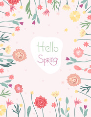 Bright spring illustrations with wildflowers and the inscription Hello spring. Daisies, tulips, carnations and green leaves.Spring flowering. Ideal for greeting cards, cards, banners, posters. Vector.
