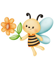 Watercolor cute bee cartoon character