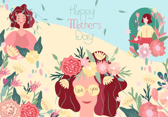 Happy Women's Day. Bright illustration with a woman and a floral wreath on her head, green leaves and colored flowers around.Spring illustrations are ideal for greeting cards, cards, banners, posters.