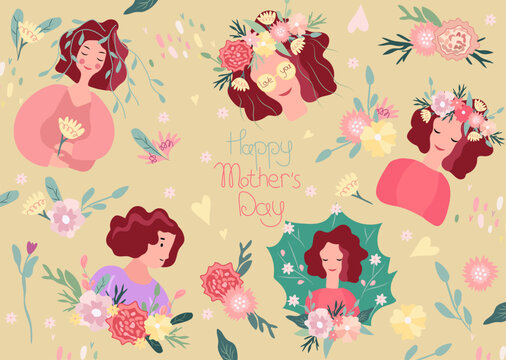 Happy Women's Day. Bright illustration with a woman and a floral wreath on her head, green leaves and colored flowers around.Spring illustrations are ideal for greeting cards, cards, banners, posters.
